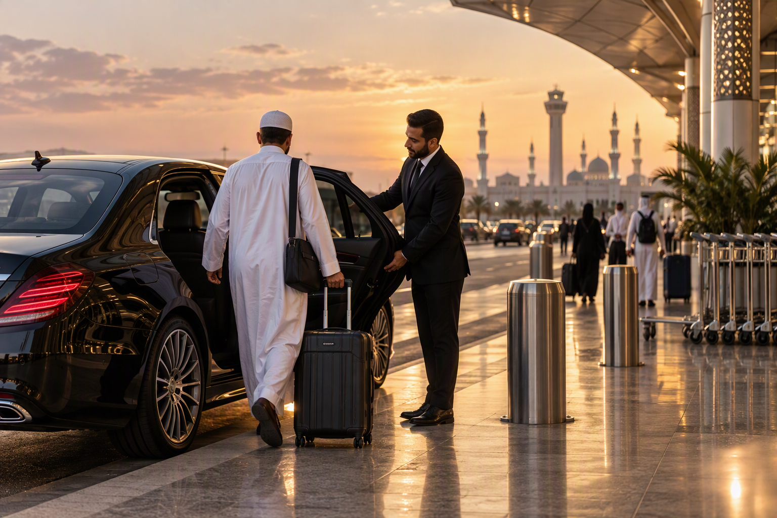 UMRAH TRANSFERS | JEDDAH AIRPORT TO MAKKAH & MADINAH | BLACK DRIVE 1 Black Drive Jeddah airport to Makkah transfer chauffeur assisting pilgrim with luggage at sunset