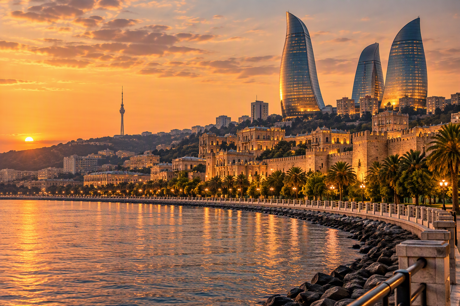 Baku Airport Transfer and Chauffeur Services 1 Black Drive Baku airport transfer and chauffeur services with Flame Towers and seaside boulevard at sunset