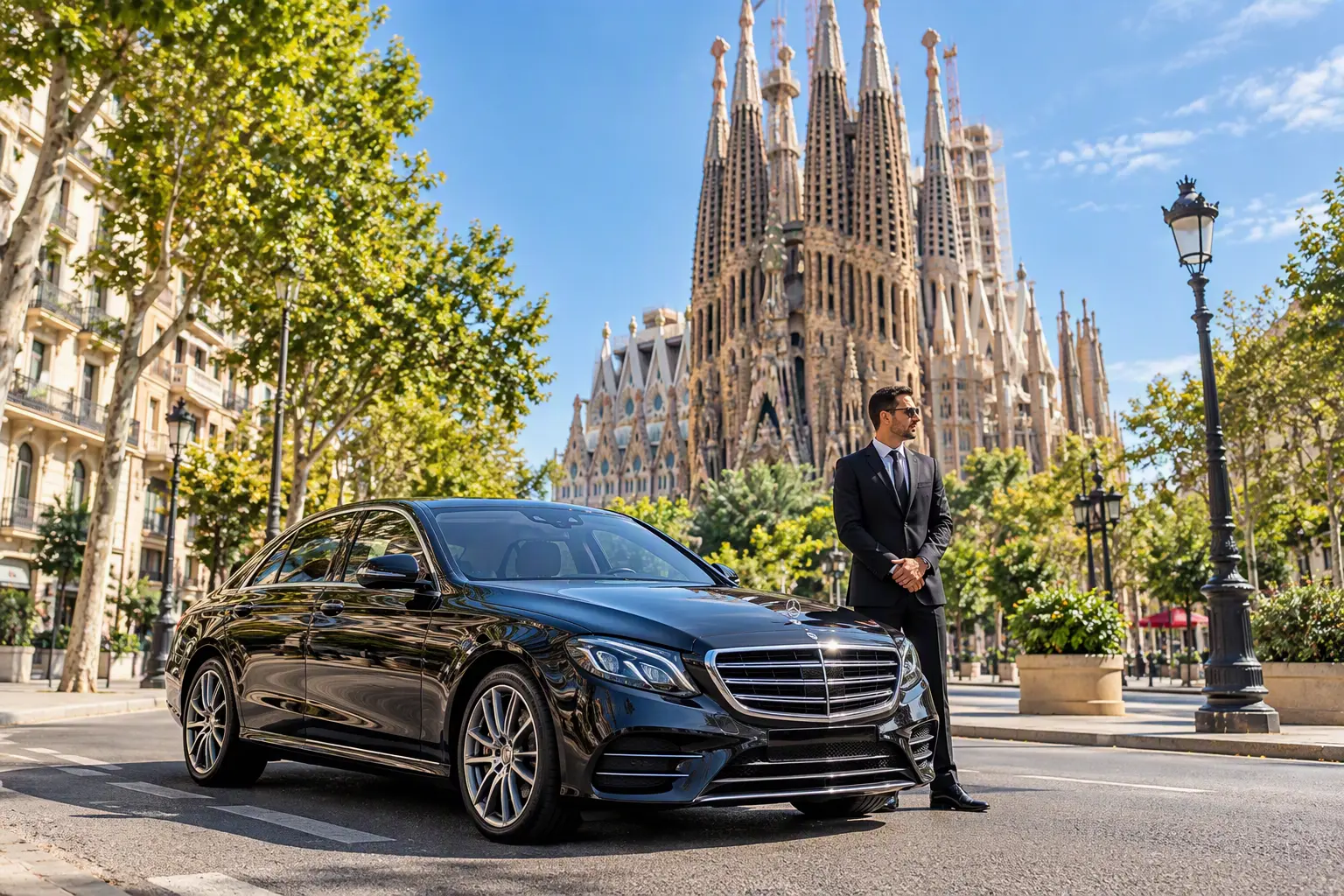 Barcelona airport transfer, chauffeur and Mercedes sedan near the Sagrada Família