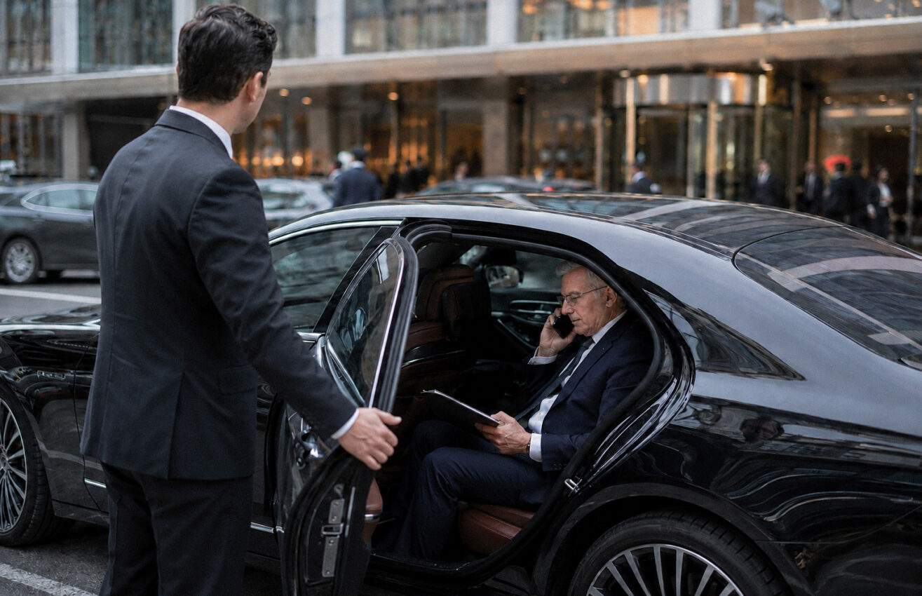 Chauffeur holding the rear door for an executive on a phone call in a black sedan
