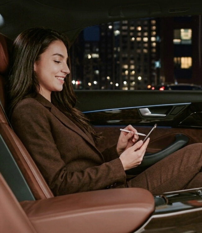 Passenger using a tablet in the leather back seat of a chauffeured car at night