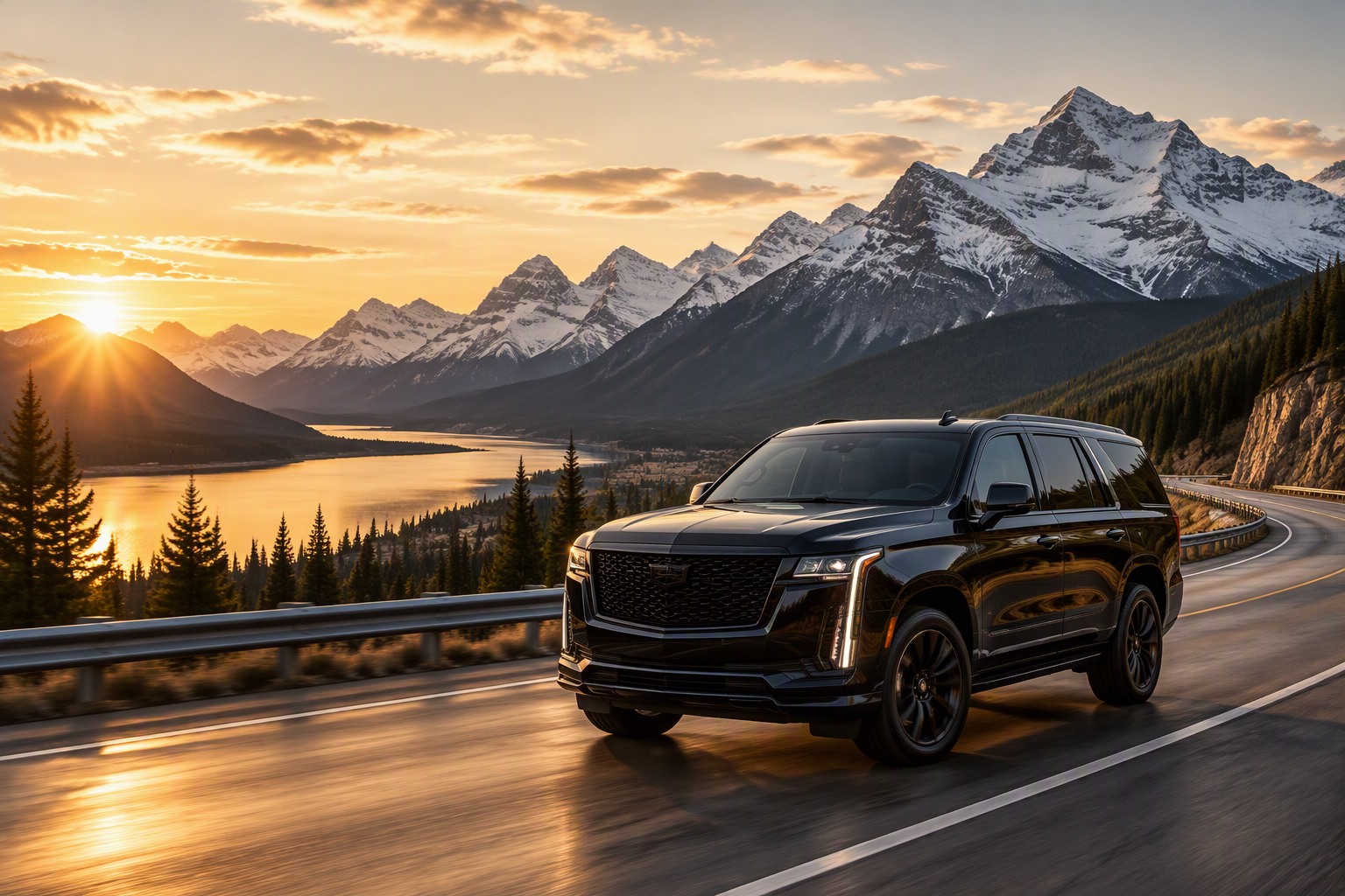 Calgary Chauffeur Services 1 Black Drive Calgary chauffeur services black luxury SUV on a mountain highway to Banff