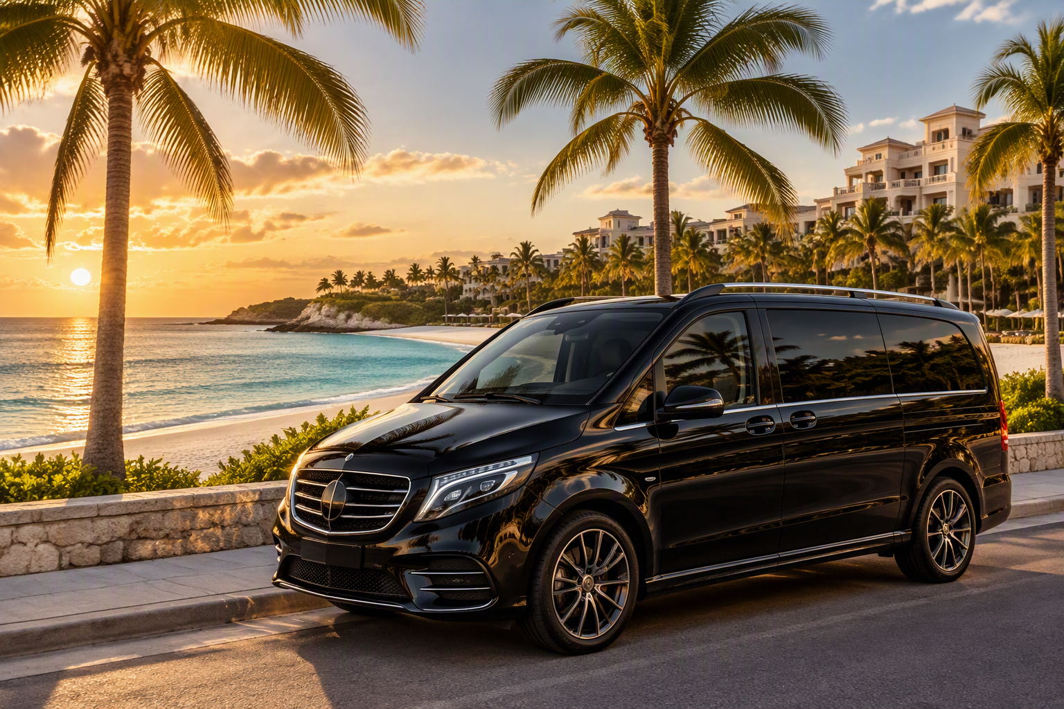 Cancun Airport Transfer and Private Transportation to the Riviera Maya 1 Black Drive Cancun airport transfer private van on the Riviera Maya beachfront