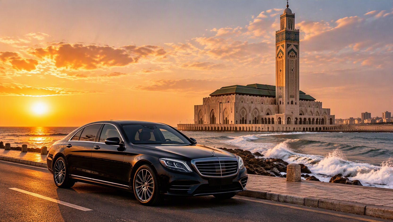 Black Drive Casablanca airport transfer sedan at the Hassan II Mosque at sunset