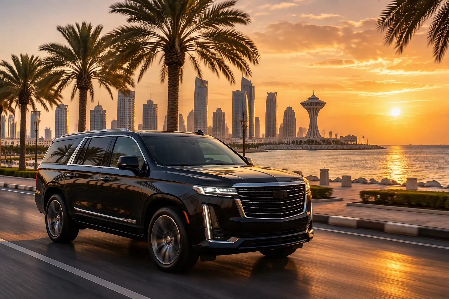 Dammam Airport Transfer – Premium Chauffeur Service from King Fahd International Airport (DMM) 2 Dammam airport to Al Khobar transfer, black SUV on the Corniche