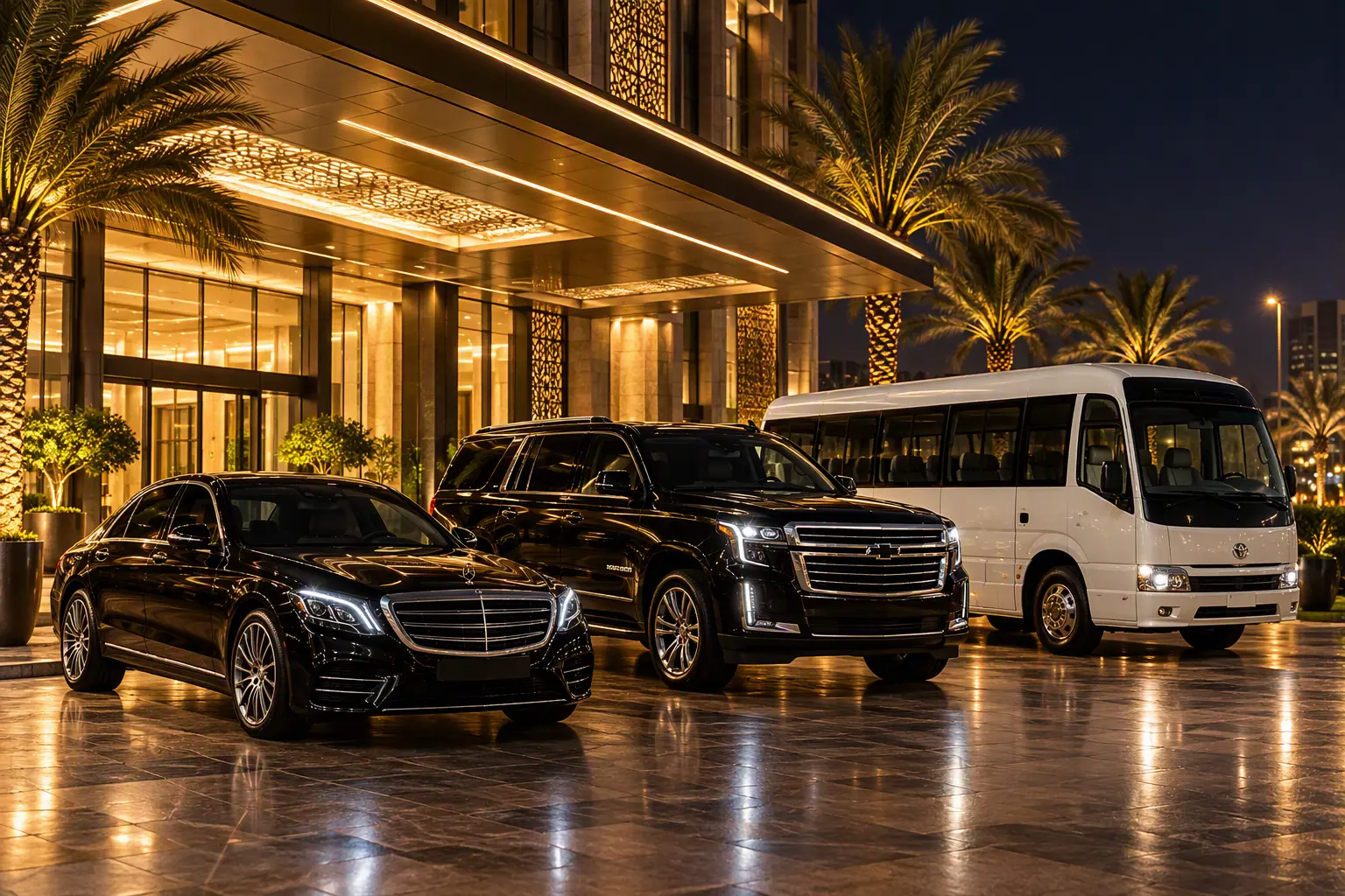Madinah Airport Transfer – Premium Chauffeur Service from Prince Mohammad bin Abdulaziz Airport (MED) 3 Black Drive Madinah fleet: sedan, SUV and Coaster minibus for Umrah groups
