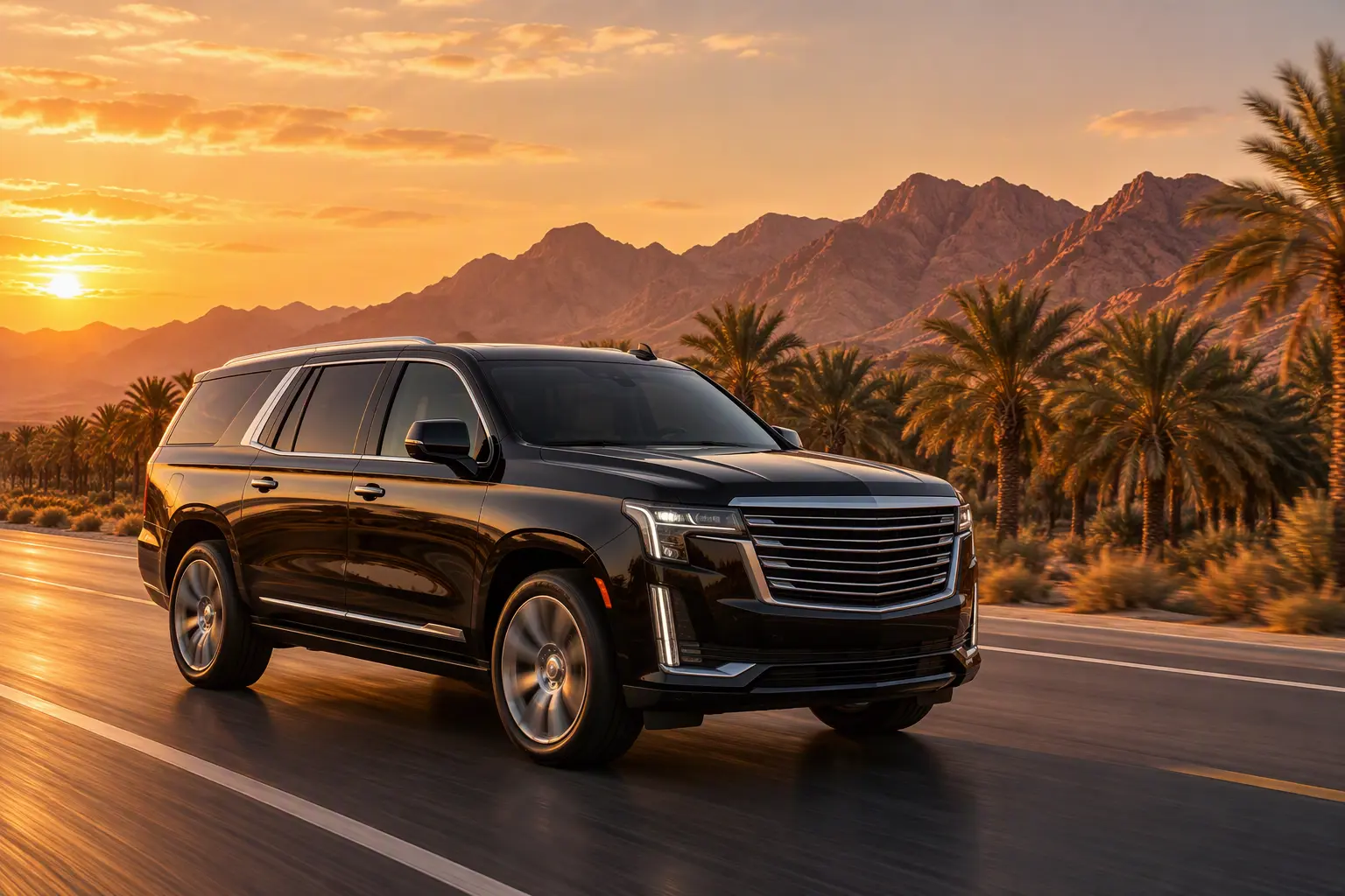 Madinah Airport Transfer – Premium Chauffeur Service from Prince Mohammad bin Abdulaziz Airport (MED) 2 Madinah to Makkah private transfer, black SUV on desert highway