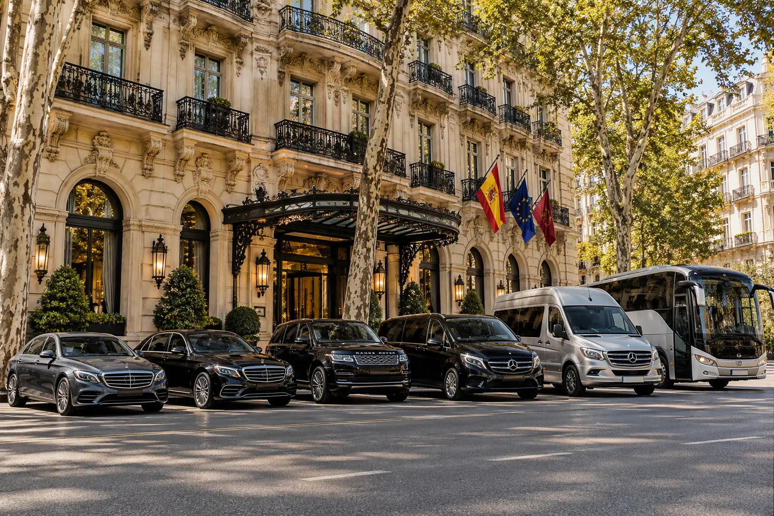Madrid Airport Transfer – Private Chauffeur, SUV, Van & Coach Service from Barajas (MAD) 2 Black Drive Madrid airport transfer fleet: sedans, SUV, V-Class, Sprinter and coach