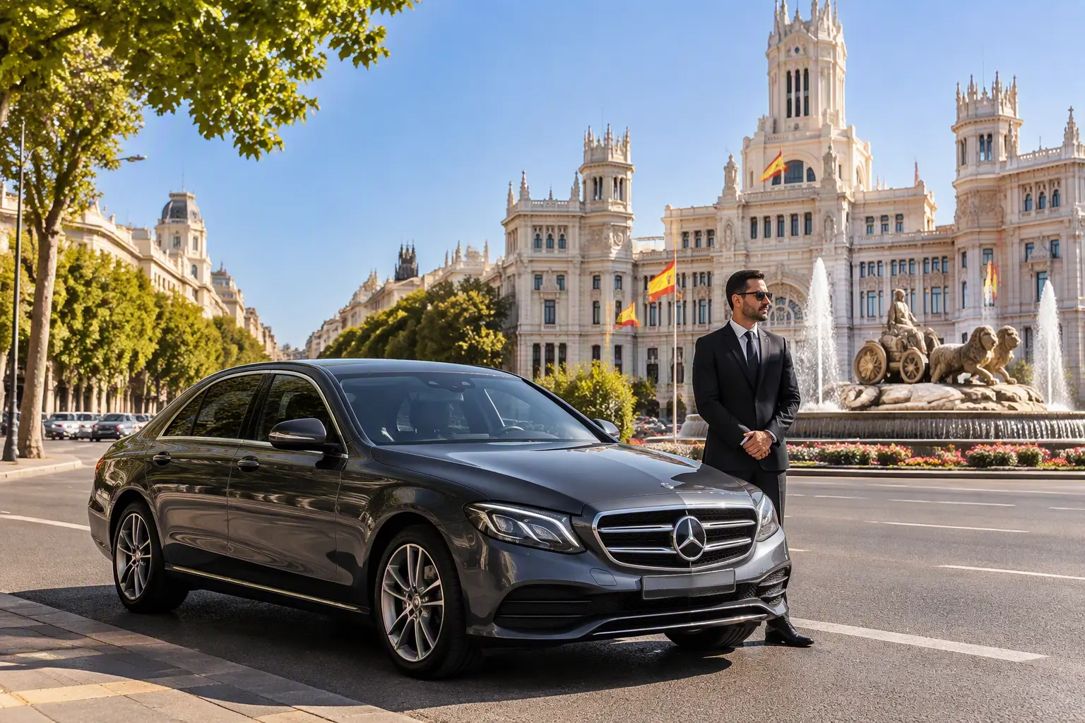 Madrid Airport Transfer – Private Chauffeur, SUV, Van & Coach Service from Barajas (MAD) 1 Madrid airport transfer, chauffeur and Mercedes sedan at the Cibeles fountain in central Madrid