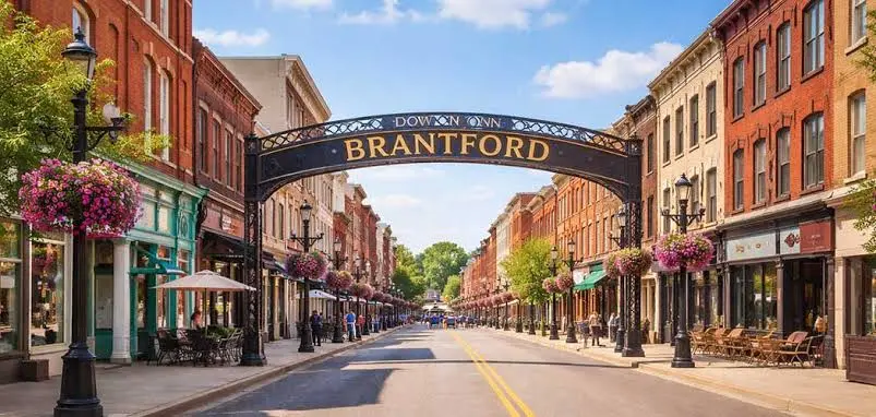 Pearson Airport to Brantford Transfer 1 Pearson Airport to Brantford transfer – black sedan on a heritage street in downtown Brantford
