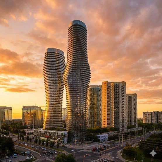 Pearson Airport to Mississauga transfer – black sedan near the city centre towers