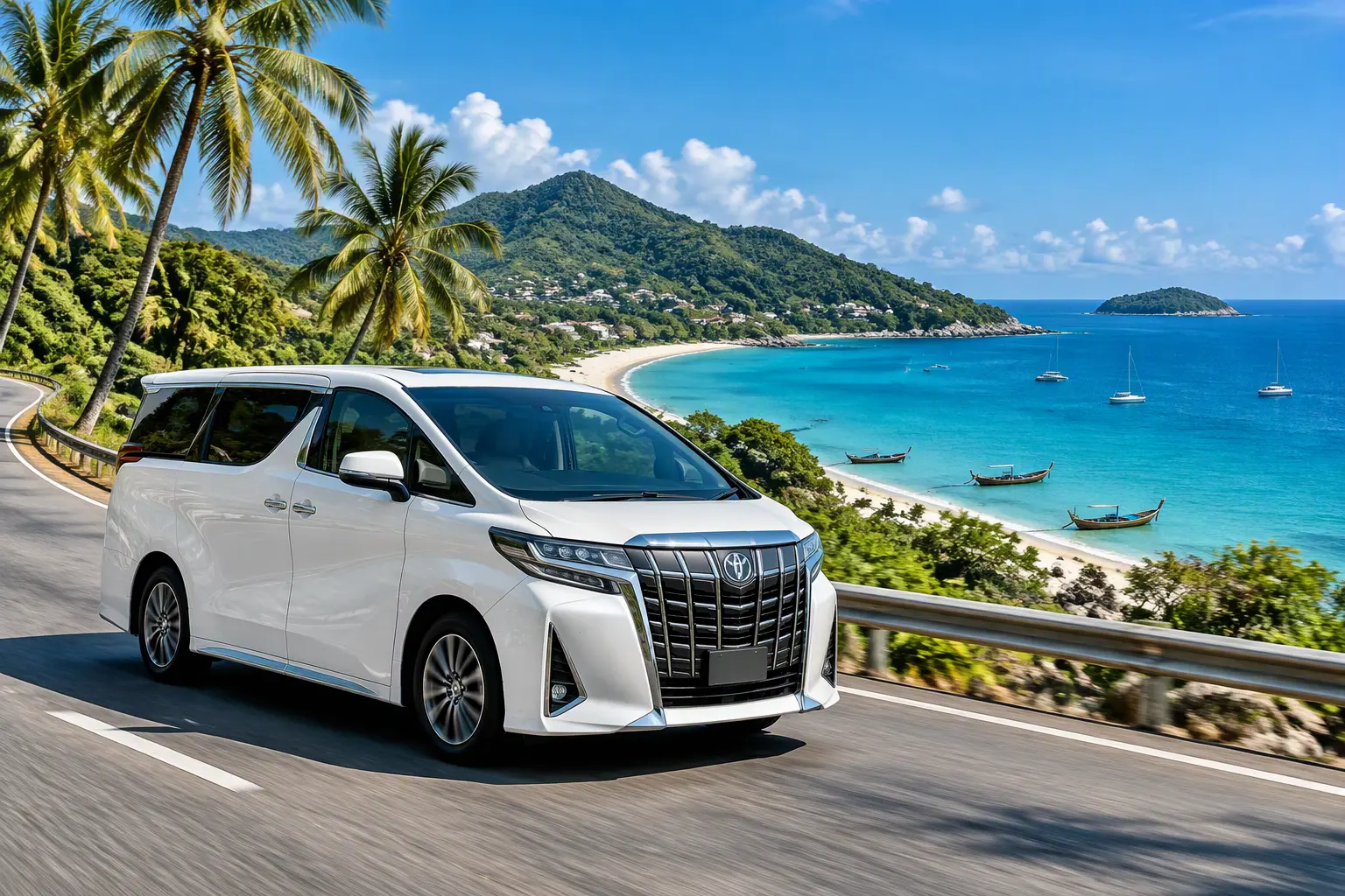 Phuket Airport Transfer – Private Taxi, SUV, Van & Coach Service from HKT 1 Phuket airport transfer, white Toyota Alphard van on a scenic coastal road with Andaman Sea views