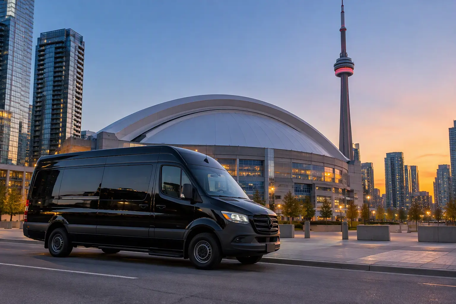 Toronto Sports Game Transportation to Blue Jays, Leafs, Raptors and TFC Games 1 Toronto sports game transportation – black van outside Rogers Centre with the CN Tower