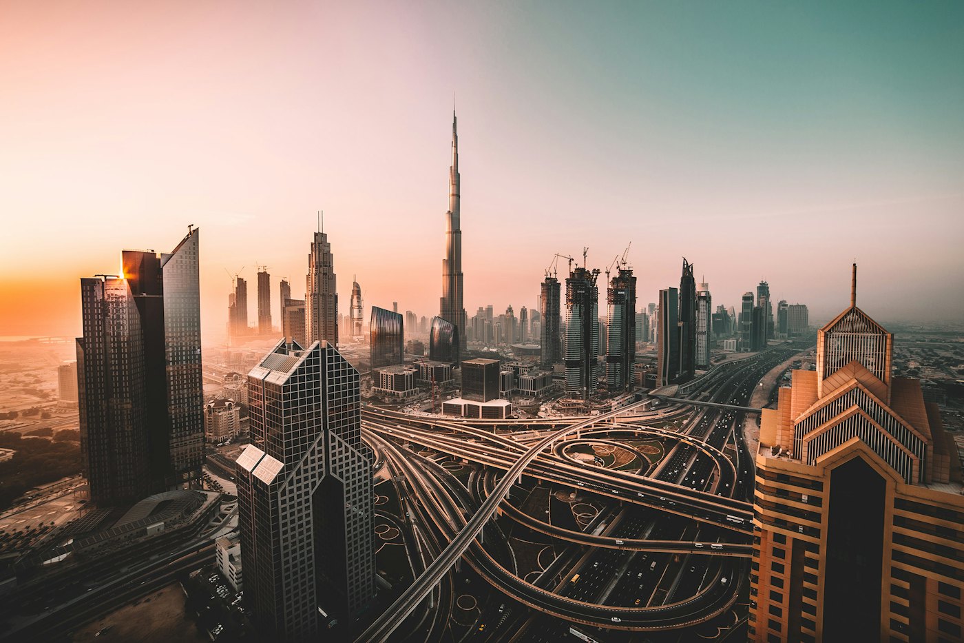 Burj Khalifa above the Dubai highway interchange