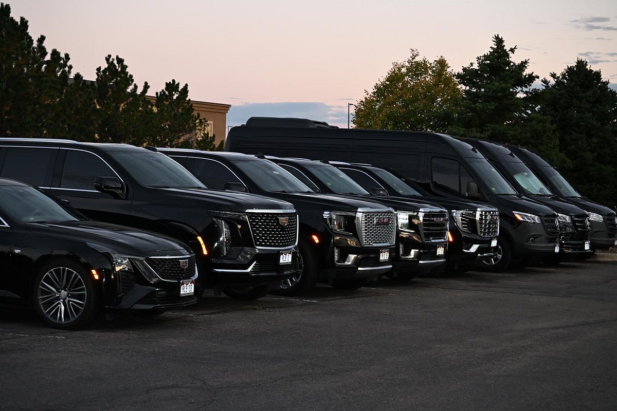Black fleet lined up at dusk: sedan, full-size SUVs and Sprinter vans
